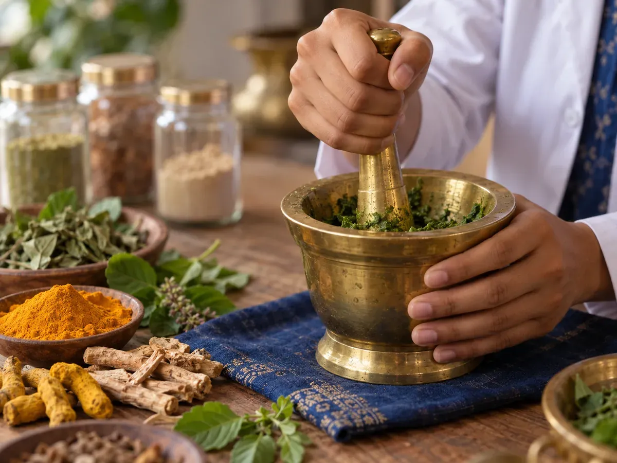 Herbs being ground in a brass mortar and pestle