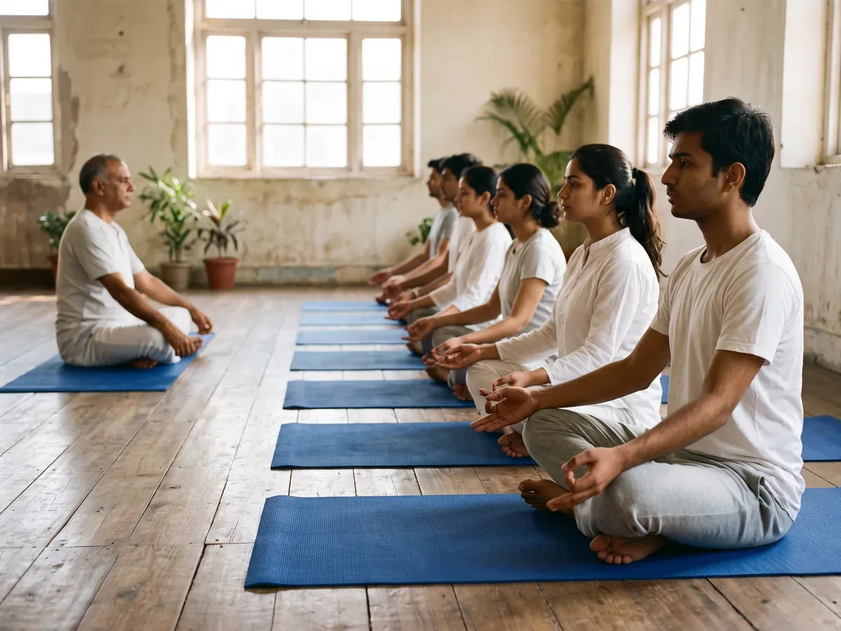 Students practising yoga in a bright hall