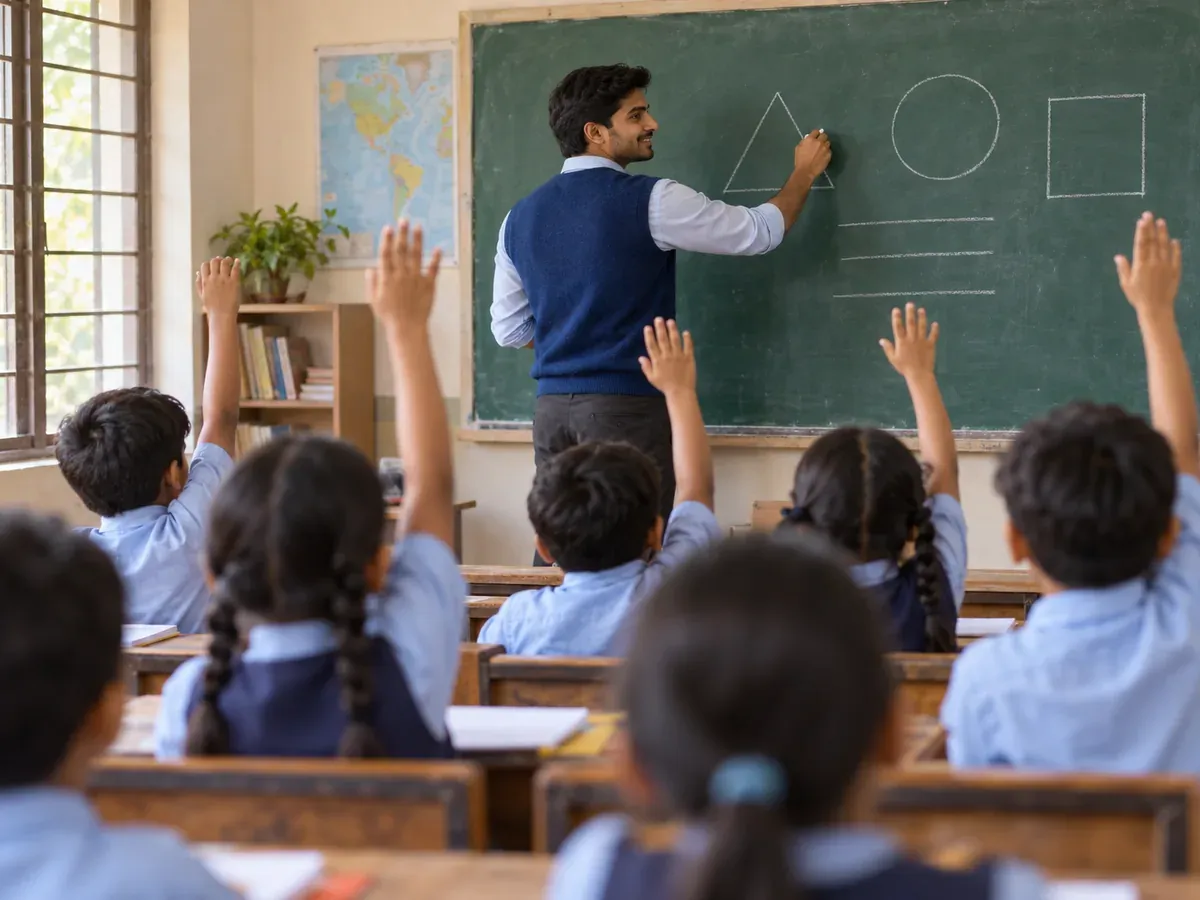 Trainee teacher writing on a blackboard for children