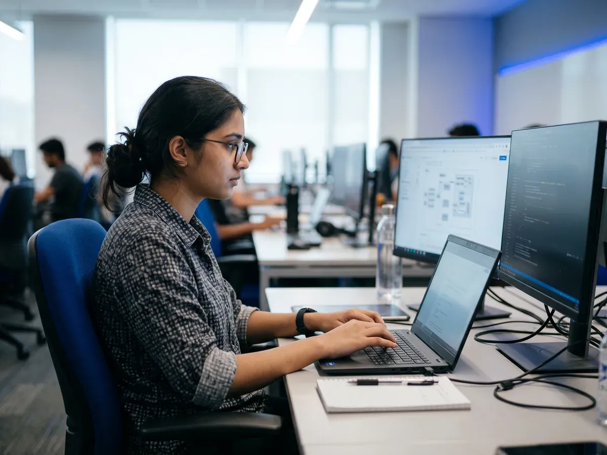 Engineering student coding in a computer lab