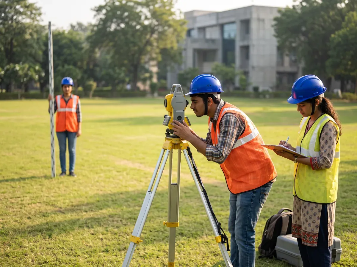 Civil engineering students using a surveying instrument