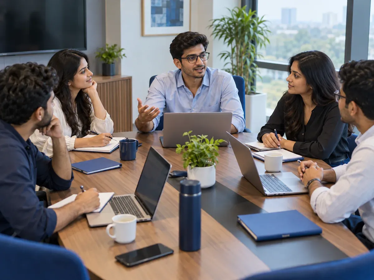 MBA students in a group discussion at a conference table