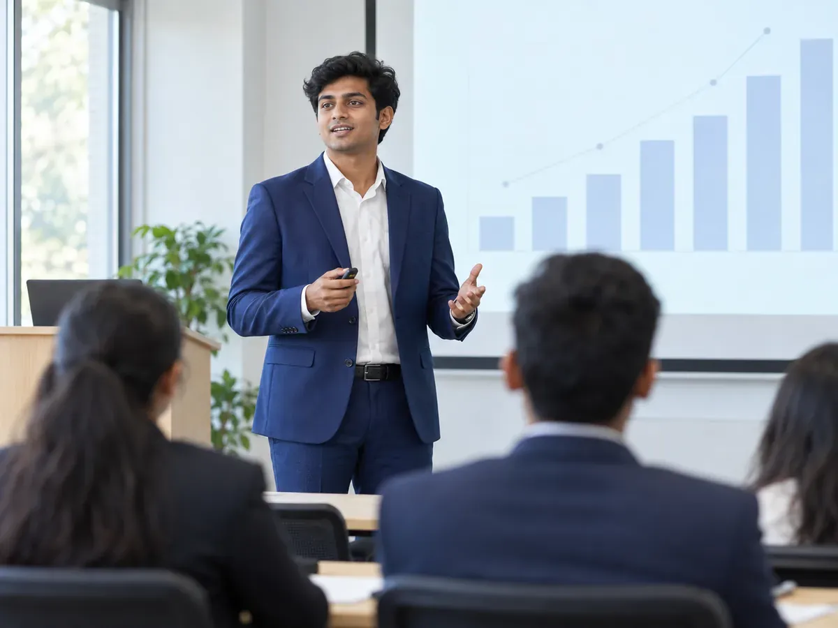 Management student giving a presentation in class