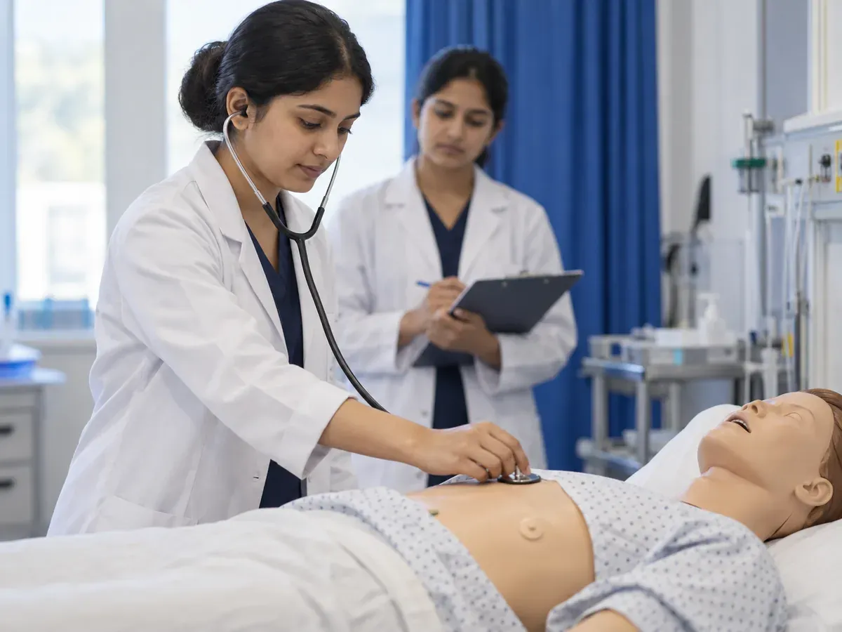 Medical student practising with a stethoscope on a training mannequin