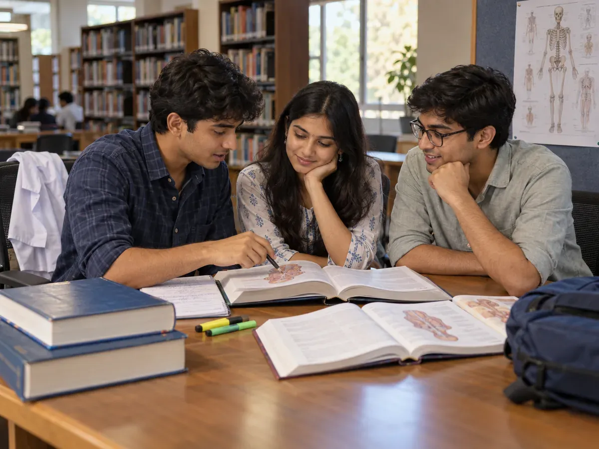 Medical students studying together in a library