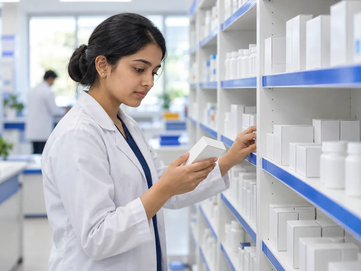 Pharmacy student arranging medicine boxes on shelves