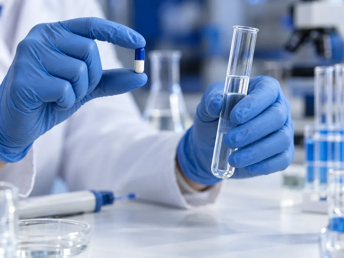 Gloved hands holding a capsule and a test tube