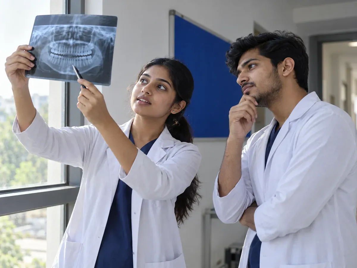 Two dental students discussing an X-ray film