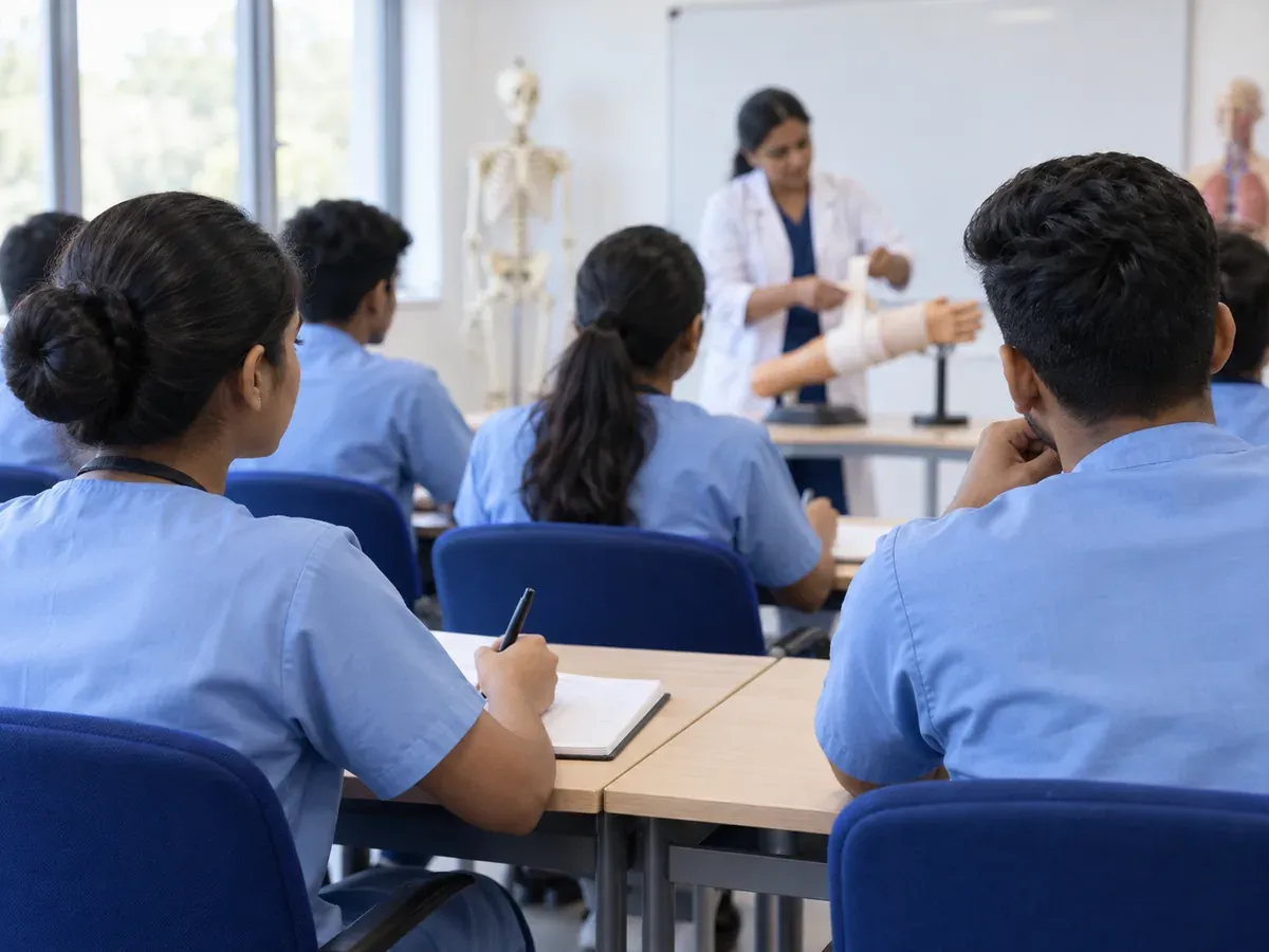 Nursing students watching a bandaging demonstration