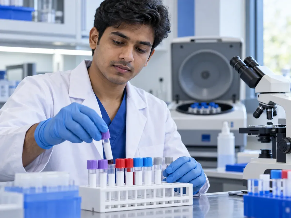 Student placing sample tubes in a rack at a lab bench