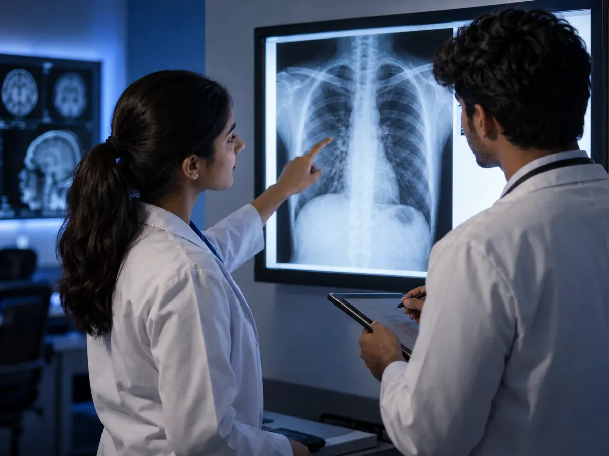Radiology students studying a chest X-ray